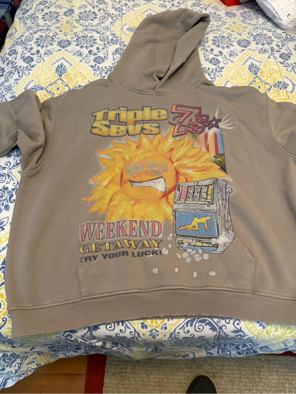 Triple 7 Brown Hoodie with Sunny Slot-Machine Graphic